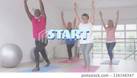 Diverse group of mature adults are practicing yoga in bright room Diverse group of mature adults are practicing yoga in bright room 116148347