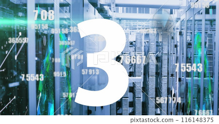 Image of countdown from 10 to 1 over changing numbers and connected dots over server room 116148375