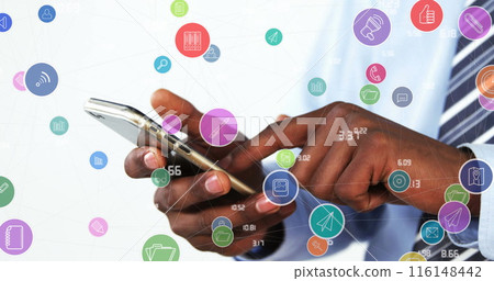 Image of network of connections with icons over man using smartphone 116148442