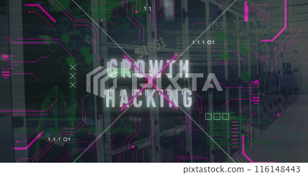 Image of growth hacking text, changing numbers, binary codes, computer language over server room Image of growth hacking text, changing numbers, binary codes, computer language over server room 116148443