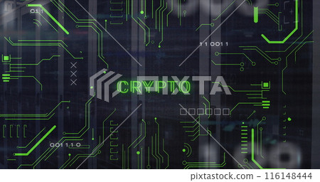 Image of crypto text and electronic circuit board pattern over data server systems 116148444