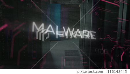 Image of malware text in circuit board pattern over server room in background Image of malware text in circuit board pattern over server room in background 116148445