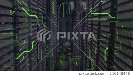 Image of binary codes and power supply over equipment in server room Image of binary codes and power supply over equipment in server room 116148446