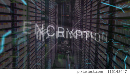 Image of encryption text, binary codes and circuit board pattern over server room Image of encryption text, binary codes and circuit board pattern over server room 116148447