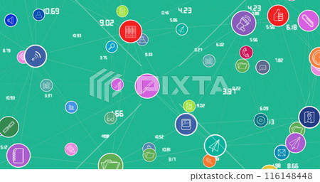 Image of network of connections with icons on green background Image of network of connections with icons on green background 116148448