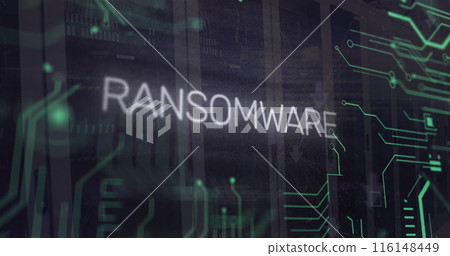 Image of ransomware text in circuit board pattern, binary codes over server room 116148449
