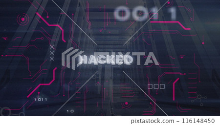 Image of hacked text, binary codes and computer language over low angle view of server room 116148450