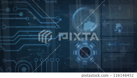 Image of radar, arc reactor, globe and computer language over server room 116148452