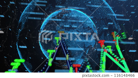 Image of numbers changing and graphs moving over globes 116148466
