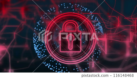 Image of padlock in circle with connected lines over dots forming globe 116148468