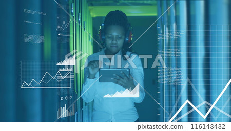 Image of graphs, data, map, african american female engineer checking data server in server room Image of graphs, data, map, african american female engineer checking data server in server room 116148482