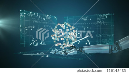 Globe of network of businesspeople over robotic hand against screens with mathematical equations 116148483