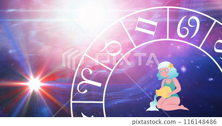 Image of aquarius star sign with horoscope wheel spinning over stars on purple background 116148486