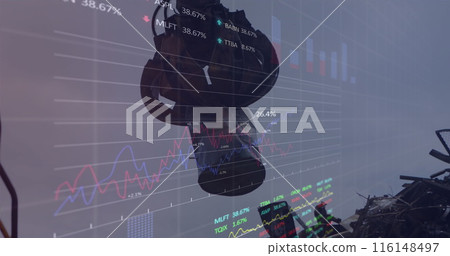Image of multiple graphs, trading boards, crane grabbing metal scrap and dumping it in junkyard Image of multiple graphs, trading boards, crane grabbing metal scrap and dumping it in junkyard 116148497