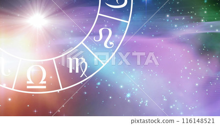 Image of sagittarius star sign with horoscope wheel spinning over stars on purple background 116148521
