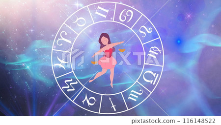 Image of libra star sign with horoscope wheel spinning over stars on blue to purple background Image of libra star sign with horoscope wheel spinning over stars on blue to purple background 116148522