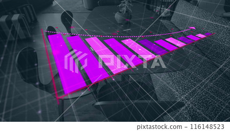 Image of bar graph representing loss over empty chairs and sofa arranged by table in office Image of bar graph representing loss over empty chairs and sofa arranged by table in office 116148523