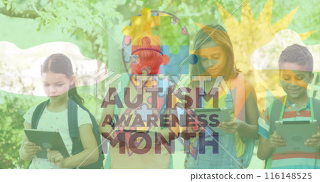 Image of colourful puzzle pieces and autism text over kids friends using electronic devices Image of colourful puzzle pieces and autism text over kids friends using electronic devices 116148525