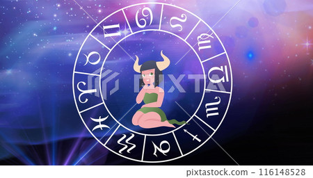 Image of taurus star sign with horoscope wheel spinning over stars on blue to purple background Image of taurus star sign with horoscope wheel spinning over stars on blue to purple background 116148528