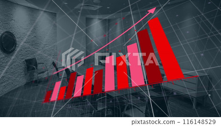 Image of bar graph representing growth over empty chairs and table arranged in conference room Image of bar graph representing growth over empty chairs and table arranged in conference room 116148529