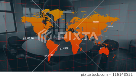 Image of map and numbers over empty chairs and table arranged in conference room 116148531
