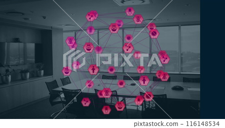 Image of mobile application icons forming globe and rotating in empty conference room Image of mobile application icons forming globe and rotating in empty conference room 116148534