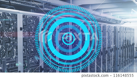 Image of loading circles over circuit board pattern on data server racks in server room Image of loading circles over circuit board pattern on data server racks in server room 116148555