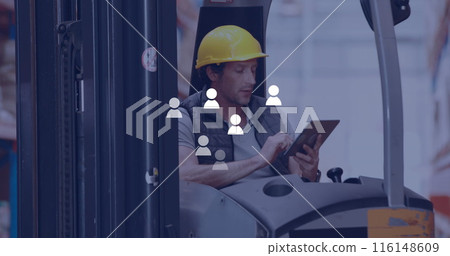 Image of profile icons over caucasian male worker using tablet sitting in forklift at warehouse 116148609