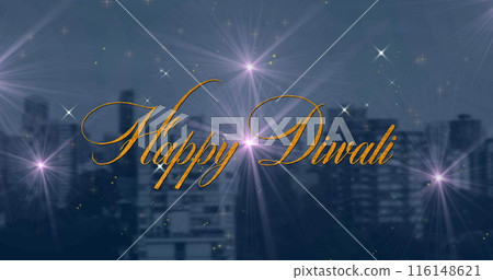 Image of happy diwali over fireworks on city in background Image of happy diwali over fireworks on city in background 116148621