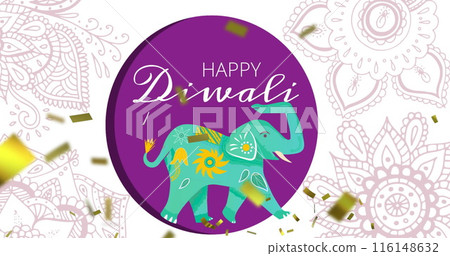 Image of happy diwali over golden confetti and circle with elephant on white background Image of happy diwali over golden confetti and circle with elephant on white background 116148632