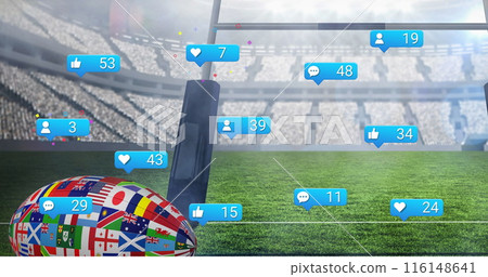 Image of social media icons and countries flag design on rugby ball against rugby sports stadium Image of social media icons and countries flag design on rugby ball against rugby sports stadium 116148641