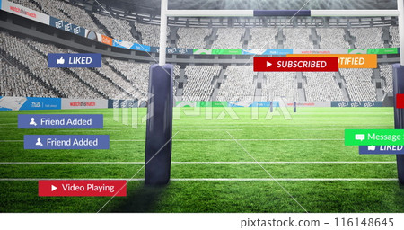 Image of social media icons floating against rugby sports stadium 116148645
