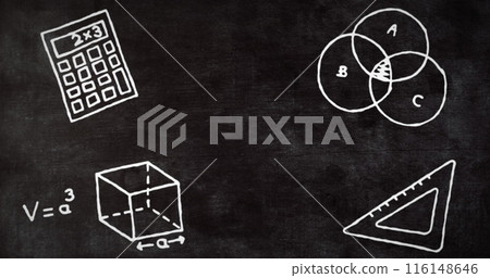 Image of school mathematics icons over blackboard 116148646