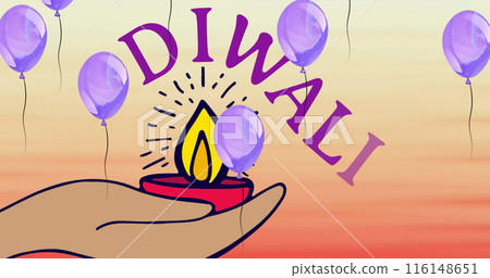 Image of floating balloons over diwali and hand holding candle 116148651