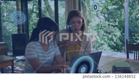 Image of data processing against asian mother and daughter using laptop at home Image of data processing against asian mother and daughter using laptop at home 116148652