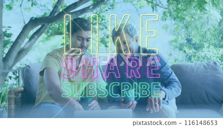 Image of like, share, subscribe social media text over diverse men using laptop Image of like, share, subscribe social media text over diverse men using laptop 116148653