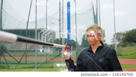 Image of icon and changing numbers in notification bars, caucasian woman checking rod Image of icon and changing numbers in notification bars, caucasian woman checking rod 116148708