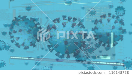 Image of covid 19 cells and data over screens 116148728