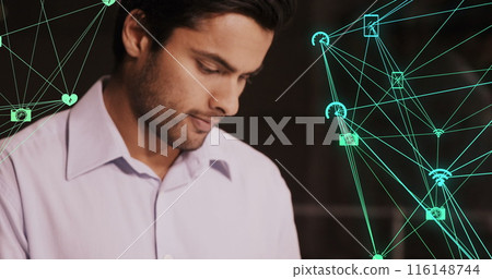 Image of network of connections over biracial businessman in office 116148744