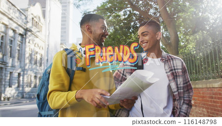 Image of friends text over happy biracial male friends with map 116148798