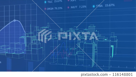 Image of financial data processing over 3d cityscape drawing Image of financial data processing over 3d cityscape drawing 116148801