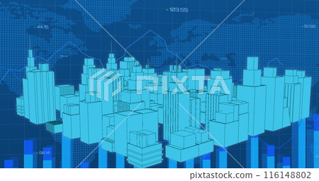 Image of financial data processing and world map over 3d cityscape drawing 116148802