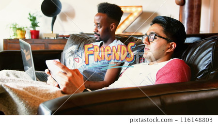 Image of friends text over happy diverse male friends talking Image of friends text over happy diverse male friends talking 116148803