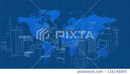 Image of numbers processing and world map over 3d cityscape drawing Image of numbers processing and world map over 3d cityscape drawing 116148805