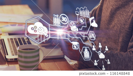 Image of network of connection with icons over man using laptop 116148848