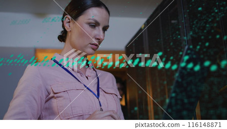 Image of data processing over caucasian female worker in server room 116148871