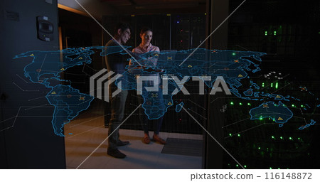 Image of data processing over diverse workers in server room 116148872