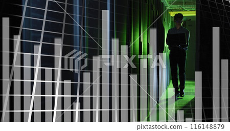 Image of data processing over asian male worker in server room 116148879