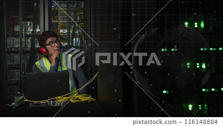 Image of data processing over asian male worker in server room Image of data processing over asian male worker in server room 116148884