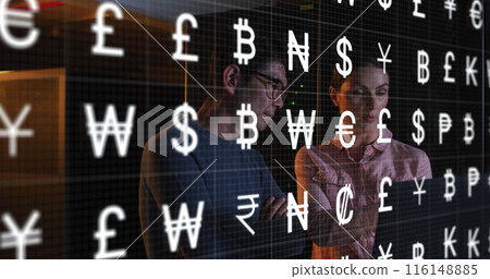 Image of data processing over diverse workers in server room 116148885